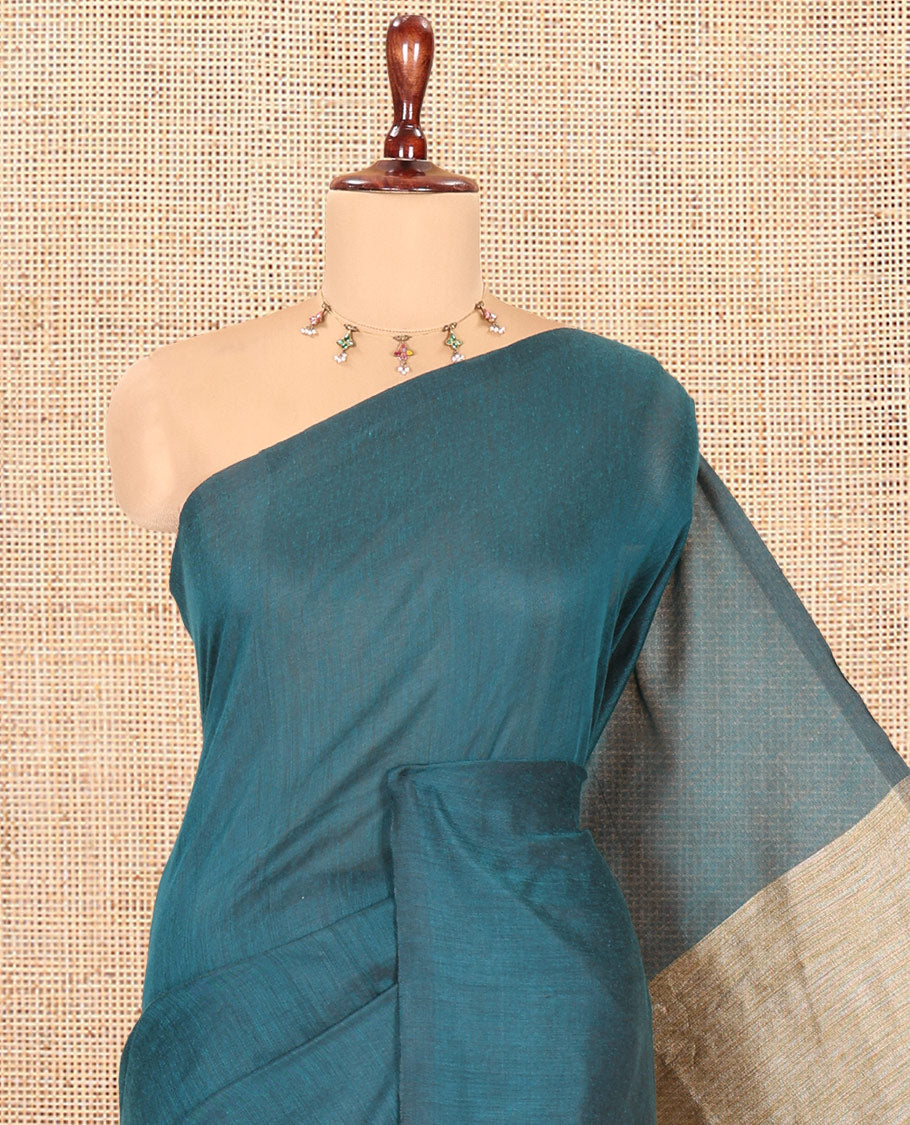 Borderless Peacock Green Plain Khadi Cotton Saree, Jute Pallu, and No Blouse
