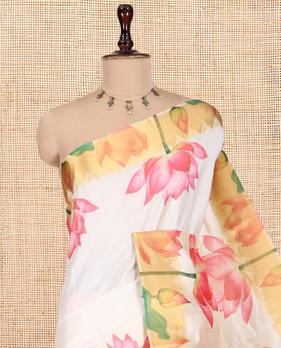 Cream Semi-Tussar Saree Features Pichwai Lotus-Printed Zari Border, and Matching Blouse