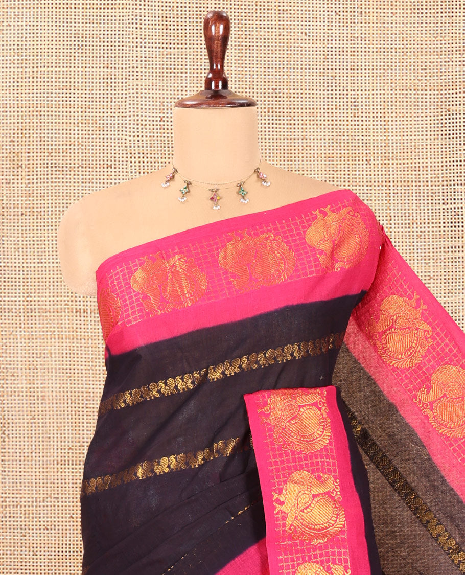 Navy Blue Peacock Buttas Sungudi Cotton Saree, Contrast Checked Peacock Border, Contrast Blouse