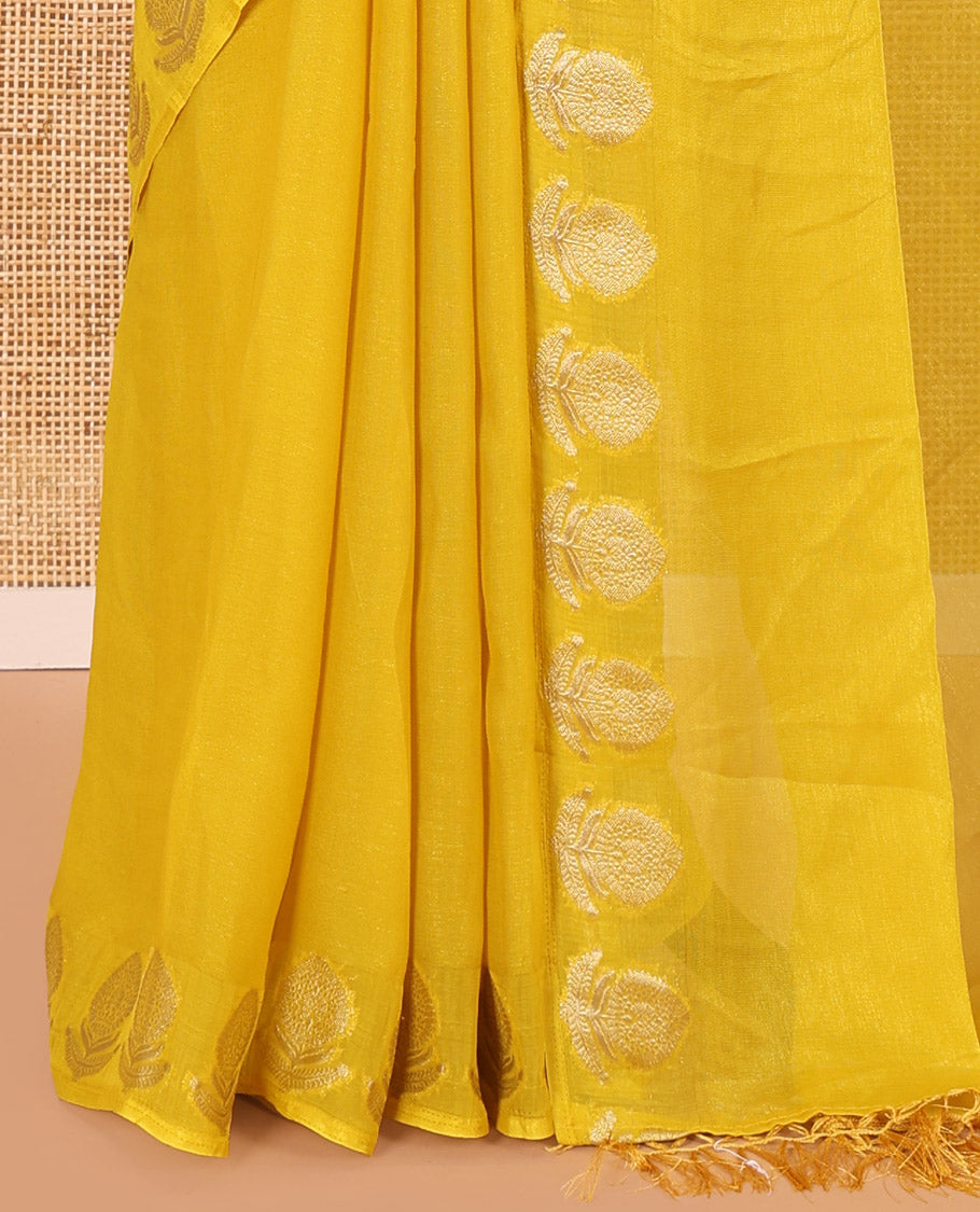 Yellow Plain Moss Chiffon Saree, Highlighted by Gold Zari Floral Border, and a Self-Pallu