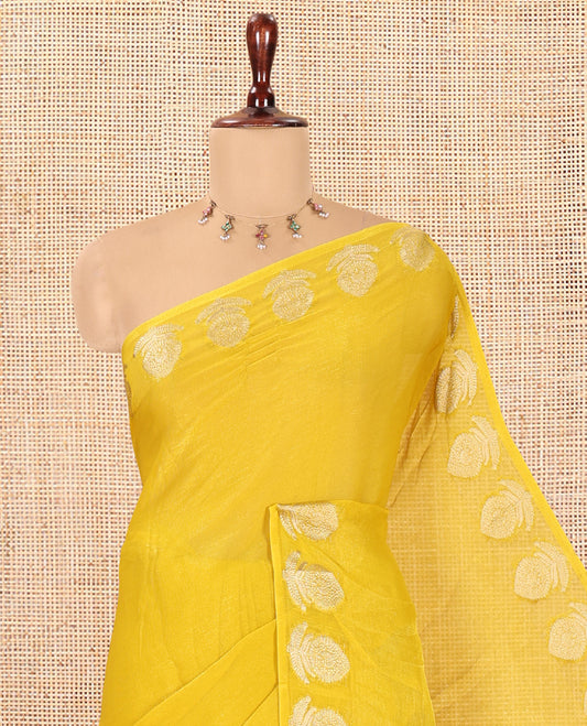 Yellow Plain Moss Chiffon Saree, Highlighted by Gold Zari Floral Border, and a Self-Pallu