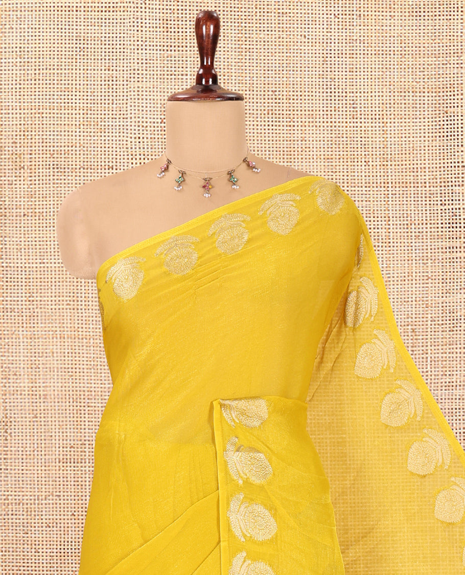 Yellow Plain Moss Chiffon Saree, Highlighted by Gold Zari Floral Border, and a Self-Pallu