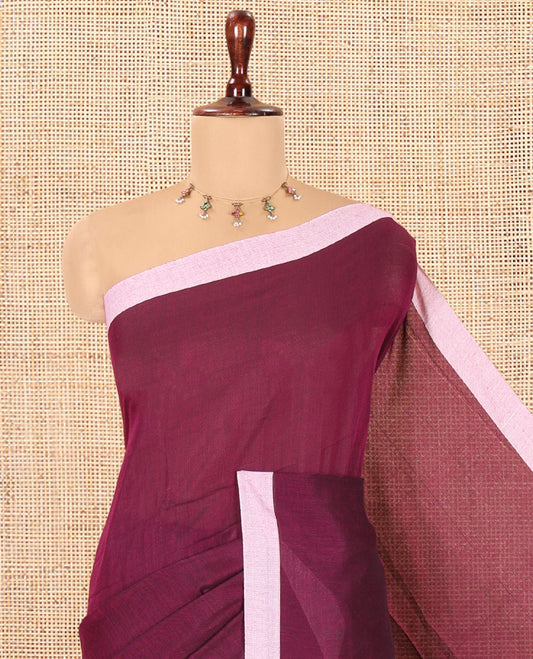 Purple Plain Khadi Cotton Saree, a Contrast Border, a Self-Pallu, and No Blouse
