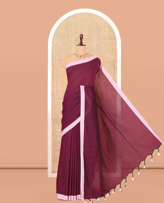 Purple Plain Khadi Cotton Saree, a Contrast Border, a Self-Pallu, and No Blouse