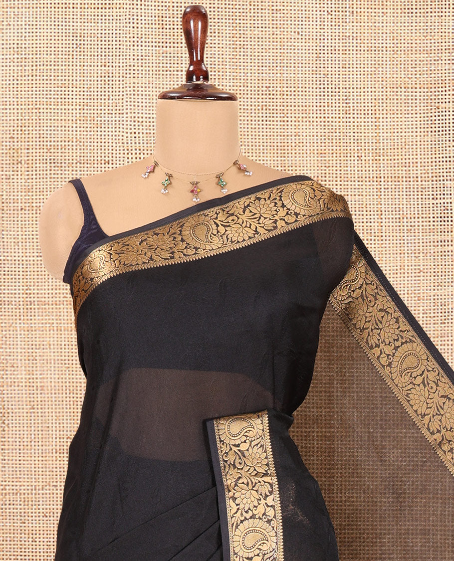 Black Embossed Moss Chiffon Saree, a Zari Floral-Paisley Vine Border, Contrast Mughal-Style Pallu, and a Matching Blouse