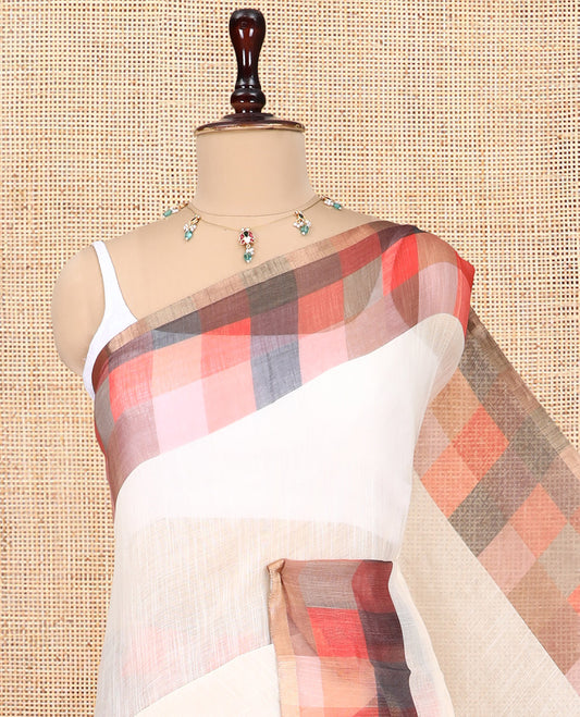 Cream-Rust Plain Handloom Cotton Saree, a Contrast Checked Border, Checked Pallu, and a Contrast Blouse