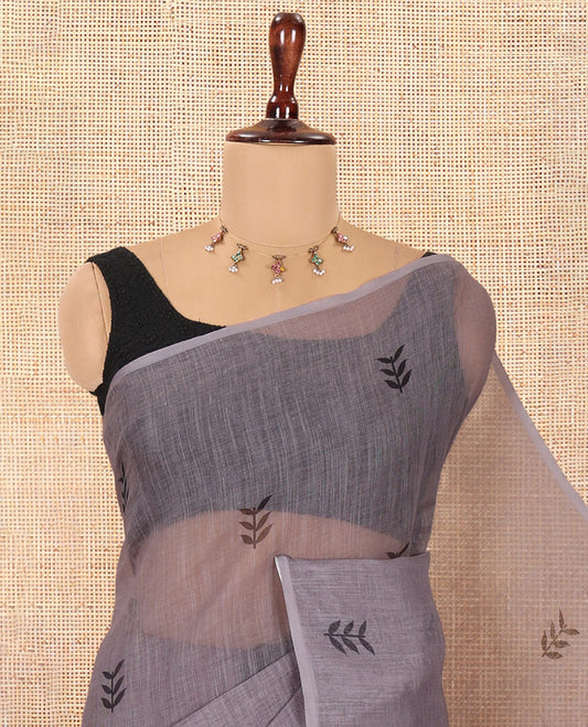 Borderless Grey Linen Cotton Saree with Leaf Print, a Contrast Leaf-Printed Pallu, and Contrast Blouse
