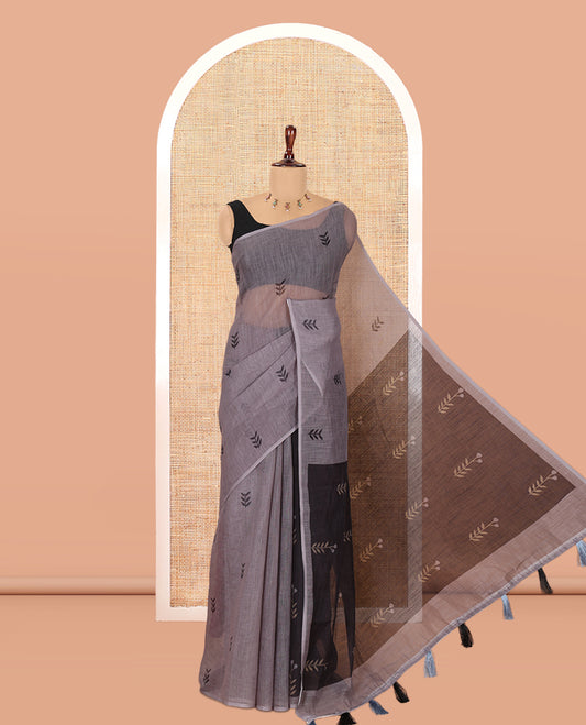 Borderless Grey Linen Cotton Saree with Leaf Print, a Contrast Leaf-Printed Pallu, and Contrast Blouse