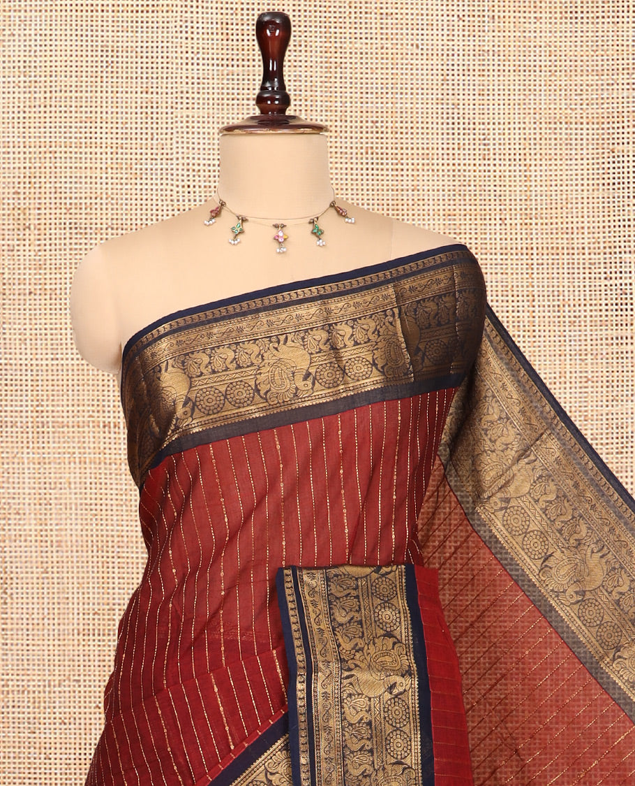 Maroon-Navy Blue Chettinad Cotton Saree, Adorned with Zari Stripes, a Contrast Peacock Traditional Border, Grand Pallu, a Matching Blouse
