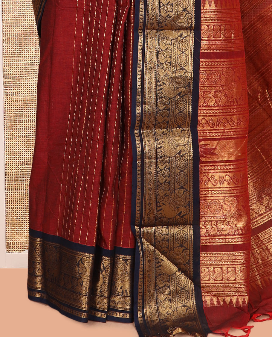 Maroon-Navy Blue Chettinad Cotton Saree, Adorned with Zari Stripes, a Contrast Peacock Traditional Border, Grand Pallu, a Matching Blouse