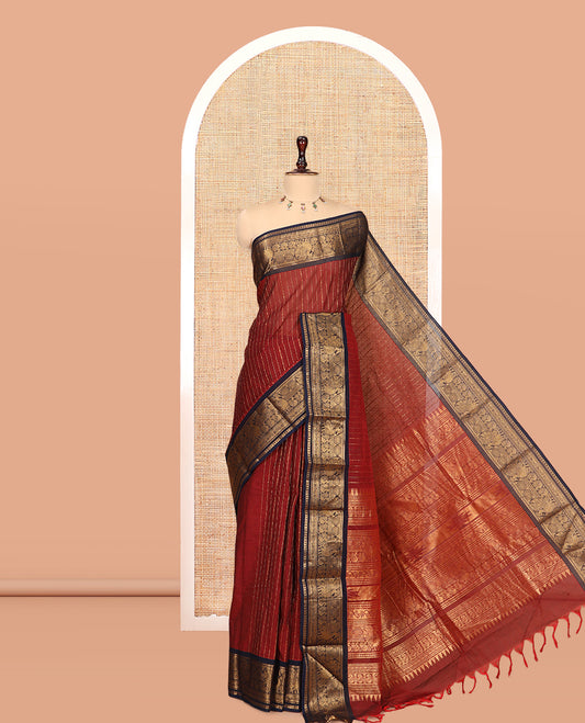 Maroon-Navy Blue Chettinad Cotton Saree, Adorned with Zari Stripes, a Contrast Peacock Traditional Border, Grand Pallu, a Matching Blouse