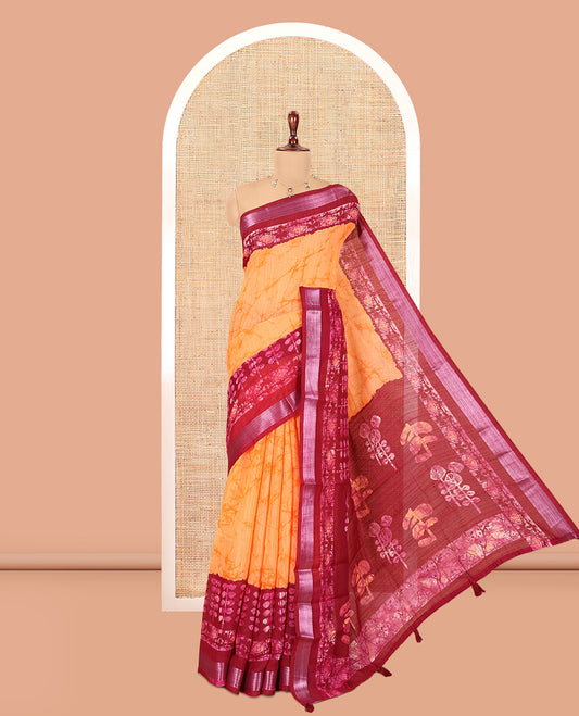 Orange Jute Linen Cotton Saree, Finely Crafted with Batik Print, Contrast Batik-Printed Zari Border, Batik-Printed Pallu, a Contrast Blouse