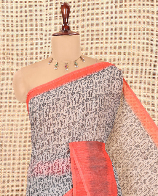 Chikku-Orange Linen Cotton Saree, Ornamented with Intricate Print, a Contrast Ikat Border, Printed Pallu, and Contrast Blouse