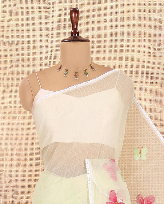 Yellowish Green Kota Doria Saree, Delicately Woven with Butterfly Buttas, a Lace Border, a Matching Blouse