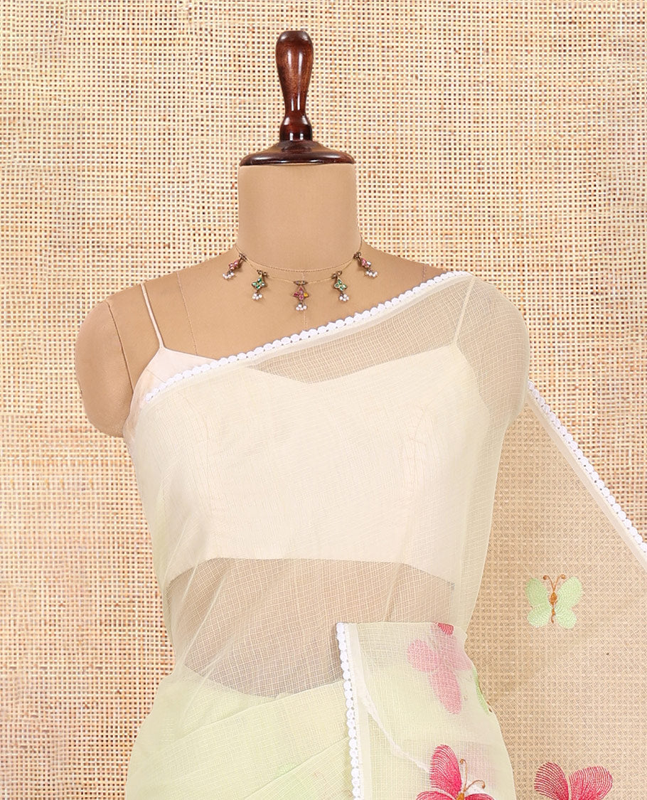 Yellowish Green Kota Doria Saree, Delicately Woven with Butterfly Buttas, a Lace Border, a Matching Blouse
