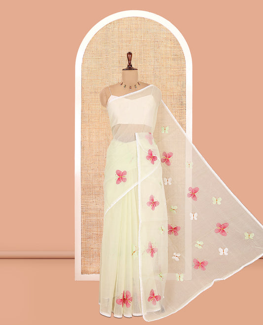 Yellowish Green Kota Doria Saree, Delicately Woven with Butterfly Buttas, a Lace Border, a Matching Blouse