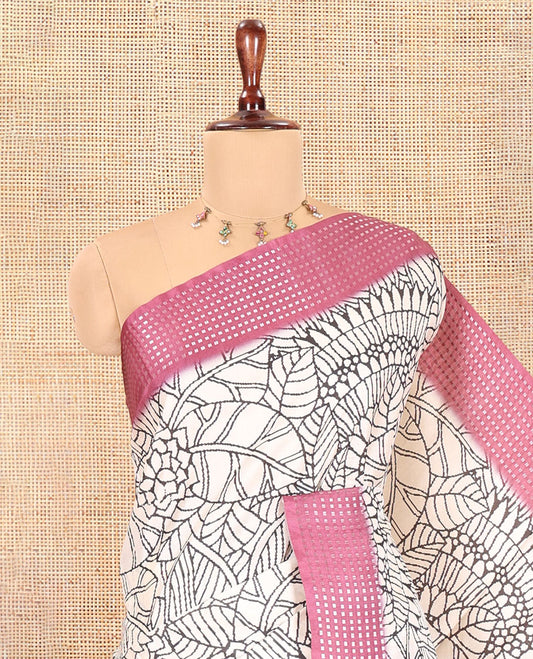 Cream-Onion Pink Dola Silk Saree, Adorned with Floral Print, a Contrast Checked Border, Pallu of Buttas, and a Contrast Blouse