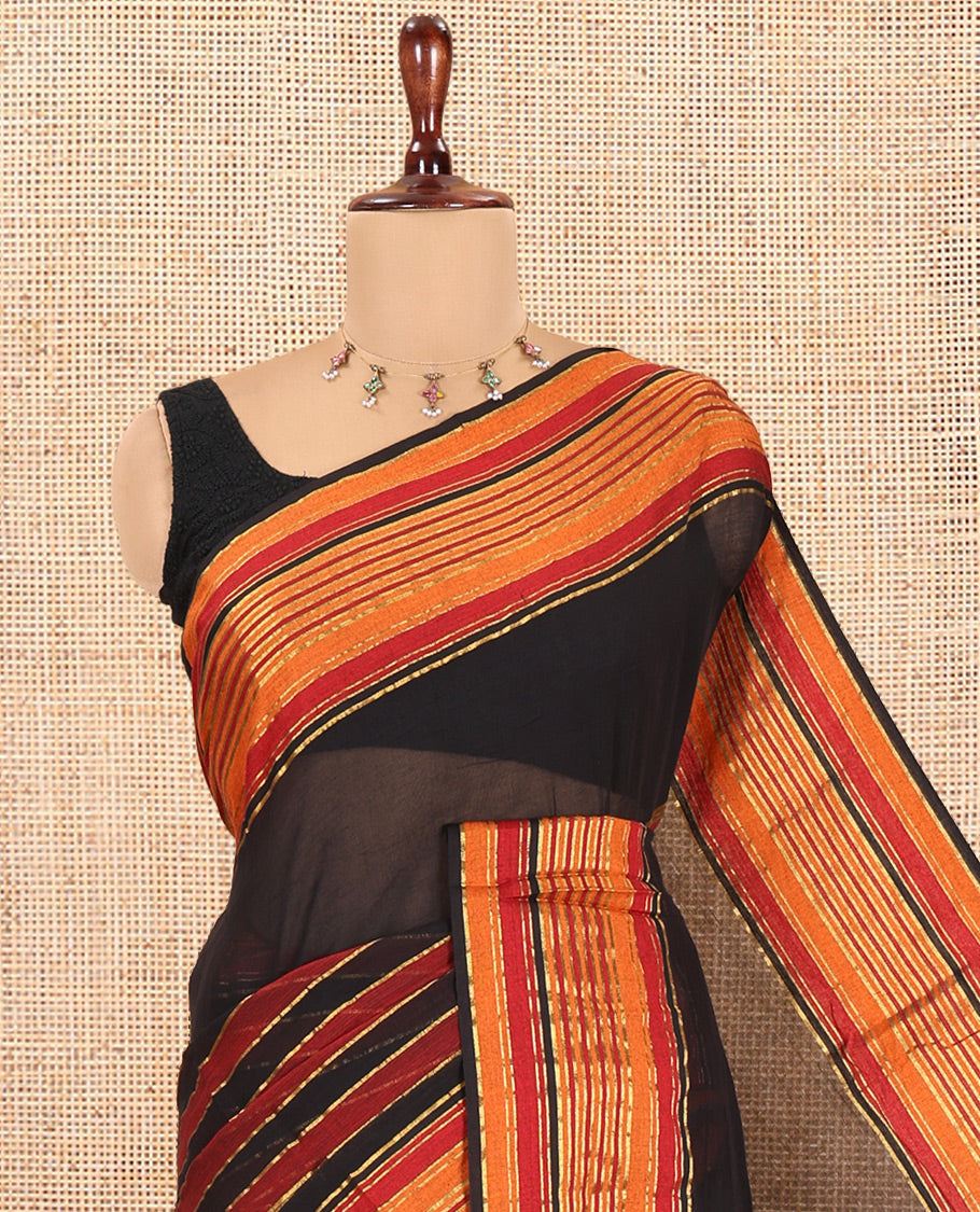 Black Striped Khadi Mul Cotton Saree, a Contrast Zari Striped Horizontal Border, and No Blouse