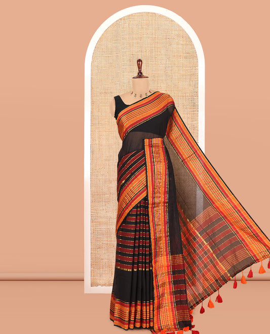 Black Striped Khadi Mul Cotton Saree, a Contrast Zari Striped Horizontal Border, and No Blouse