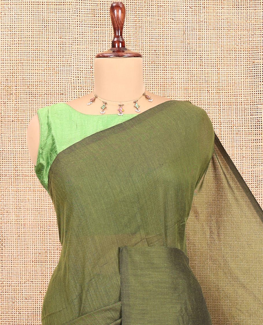 Borderless Green Plain Khadi Cotton Saree