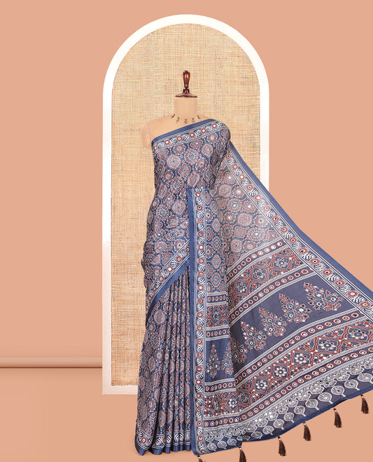 Blue Satin Crepe Saree