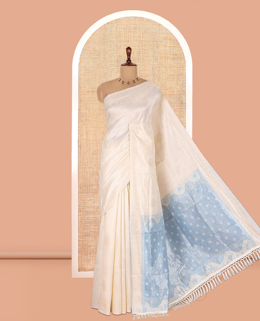 Cream-Blue Jute Linen Saree