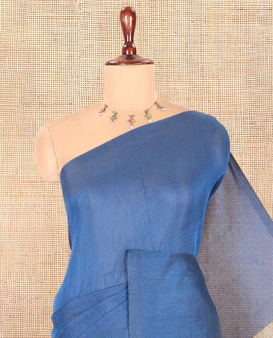 Borderless Blue Plain Khadi Cotton Saree