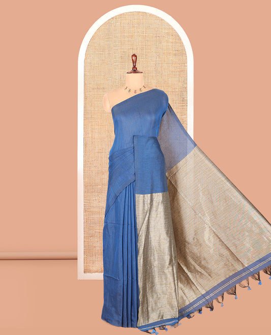 Borderless Blue Plain Khadi Cotton Saree