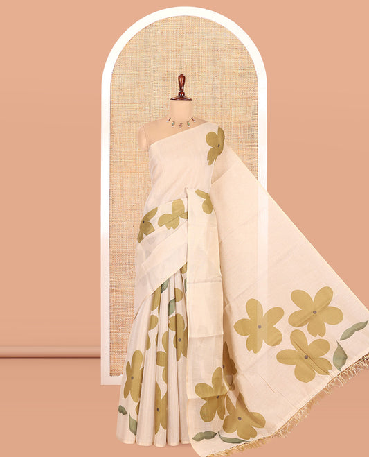 Borderless Cream-Mehendi Tissue Cotton Saree