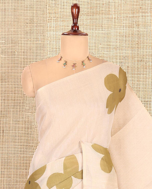 Borderless Cream-Mehendi Tissue Cotton Saree