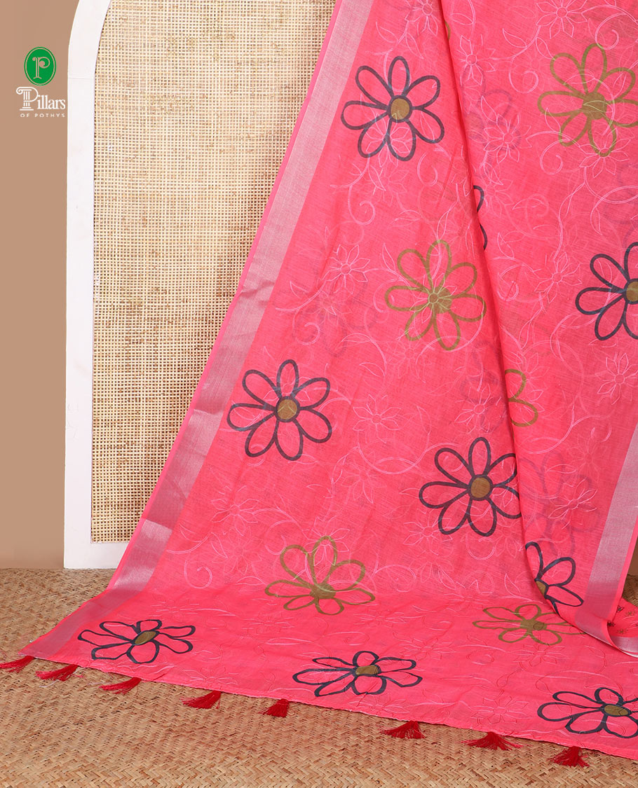 Rani pink floral buttas embroidery linen saree with bhavanji border & self pallu along with butta printed blouse