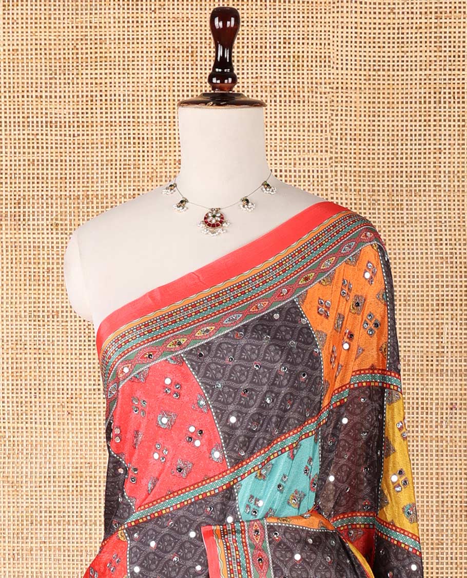 Multi color geometric design, mirror work synon silk saree with printed border, mirror work & printed pallu along with plain blouse