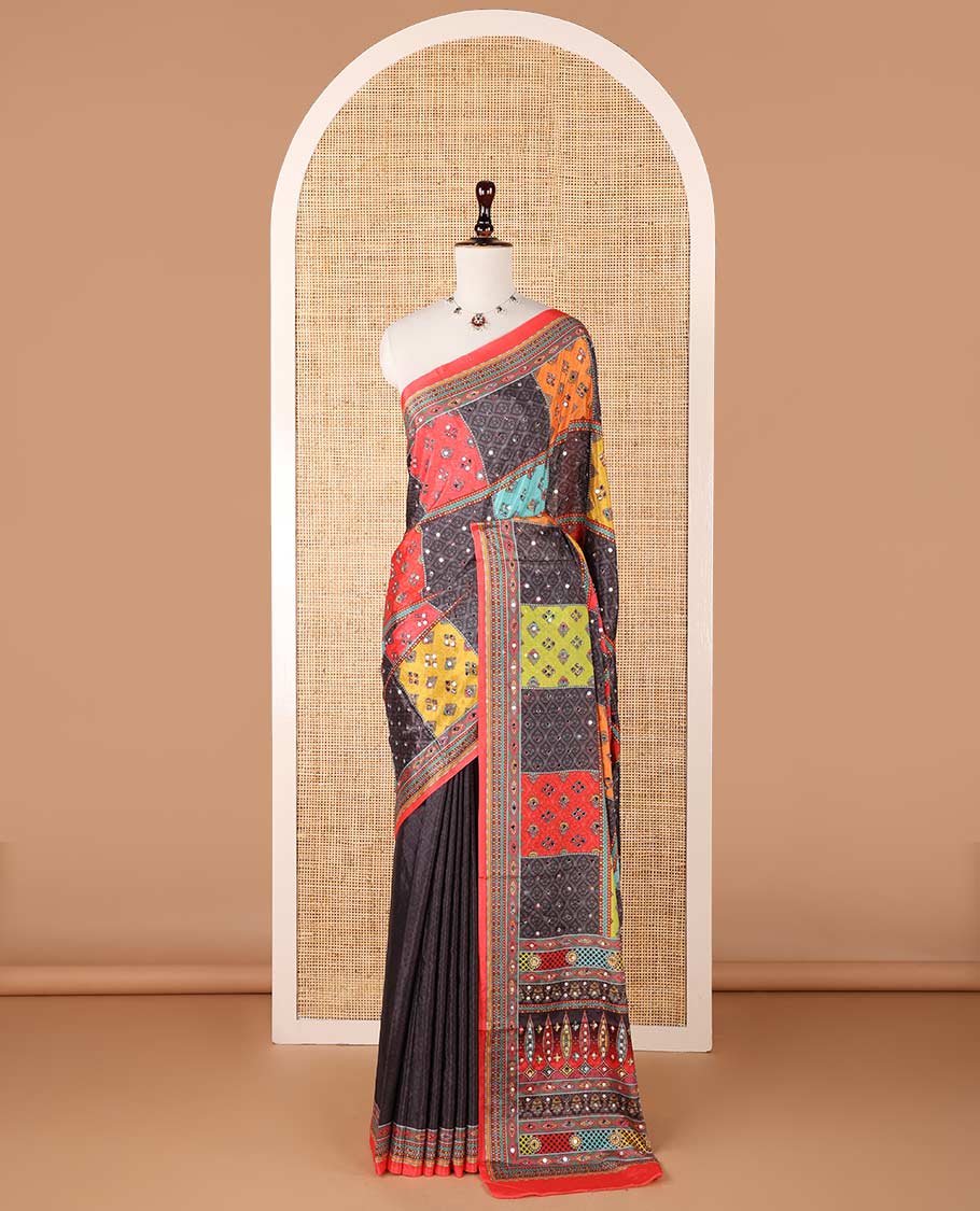 Multi color geometric design, mirror work synon silk saree with printed border, mirror work & printed pallu along with plain blouse