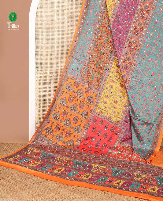 Multi color geometric design, mirror work synon silk saree with printed border, mirror work & printed blouse along with plain blouse