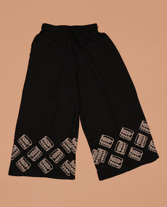 Black geometric patterns thread coding embroidered rayon palazzo pants