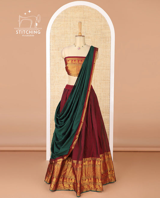 Maroon mercerised cotton daman zari border half saree with cotton blouse & skya georgette one side zari border dhavani