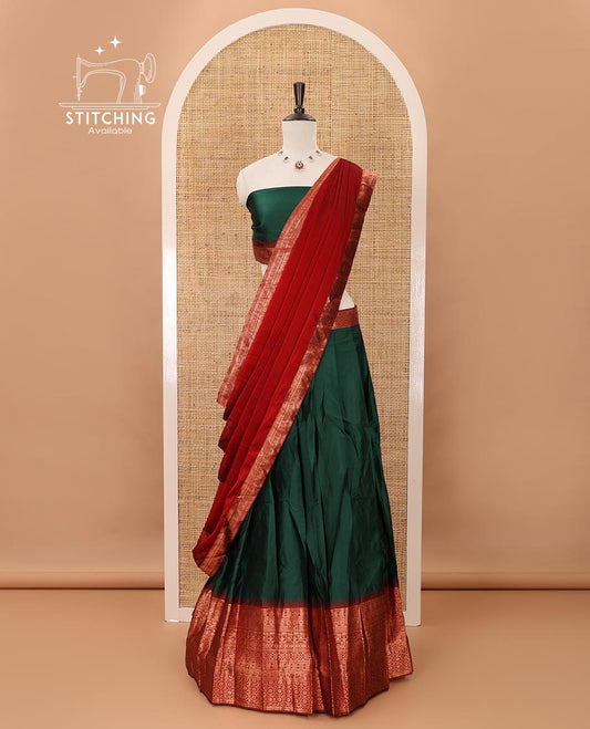 Green taffeta silk material chudidar,plain skirt,contrast temple traditional zari border,zari design blouse & zari border georgette dhavani