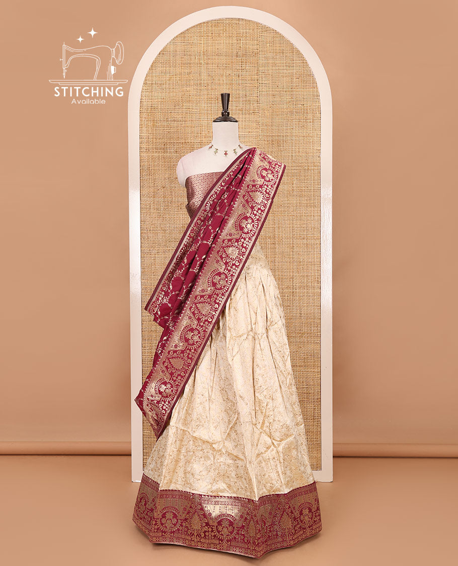 Cream-maroon semi-banaras half-saree, floral jaal jacquard & contrast traditional zari border skirt, floral jacquard blouse & contrast zari design blouse