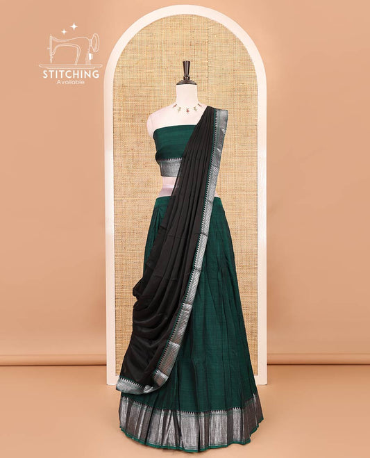 Green-Black Mercerised cotton half-saree, plain & contrast temple geometric border skirt, matching blouse & contrast zari border Vichitra silk dhavani