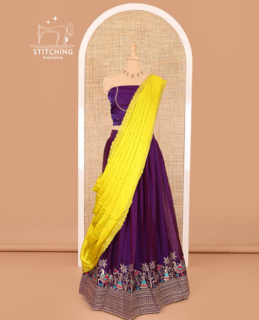 Violet half-saree, Swarovski stone work with girl-on-the-horse motifs embroidered bordered satin georgette skirt, a matching satin georgette blouse, and a contrast Swarovski stone work scallop dhavani