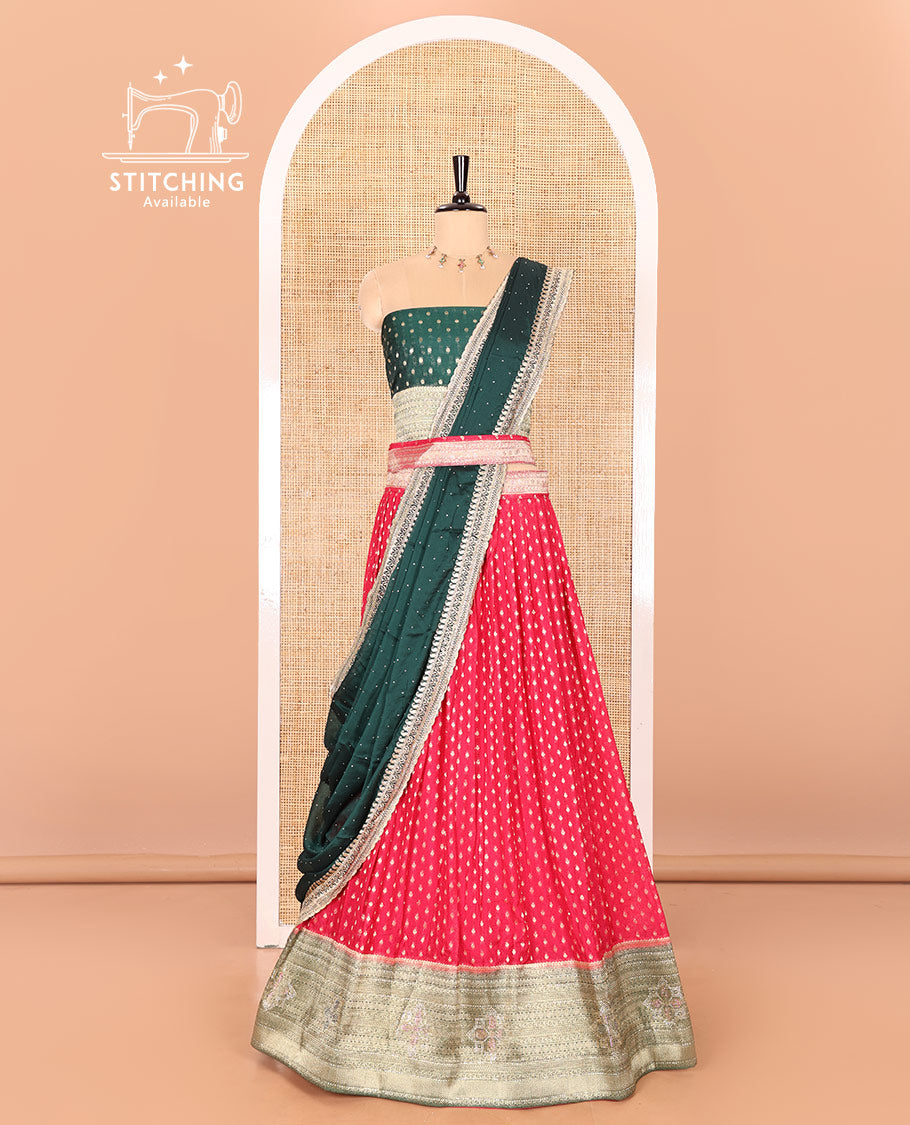 Pink Buttas Embroidered Half-Saree with Contrast Traditional Motifs, Embroidered Viscose Georgette Border, Contrast Blouse, and an Intricately Embroidered Syska Georgette Dhavani