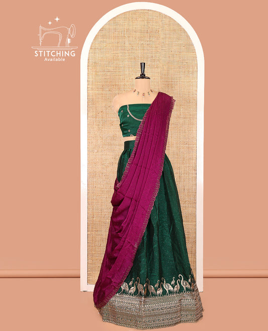 Bottle Green Half-Saree Set, Richly Detailed with Stone Work and Bird Motifs Embroidery on Its Satin Georgette Skirt, Highlighted by Embroidered Border, Paired with a Matching Blouse, and Comes with a Contrast Scallop Stone Work Dupatta