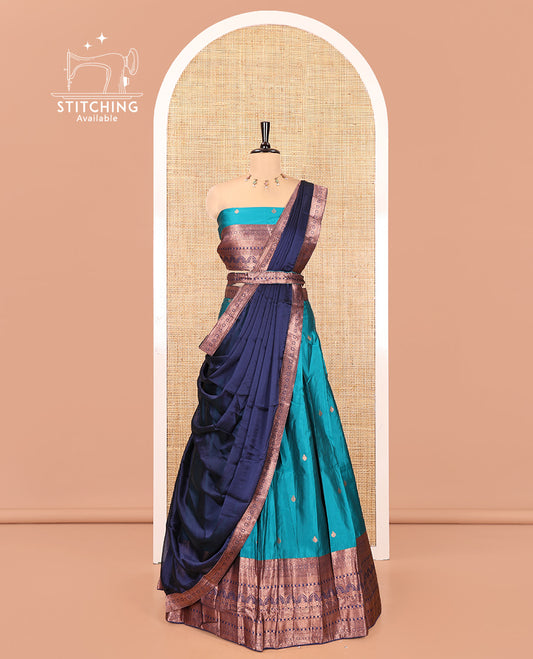 Rama Green Semi-Banarasi Half-Saree Featuring Buttas Skirt, Contrast Traditional Border, Matching Blouse, Satin Georgette Dhavani