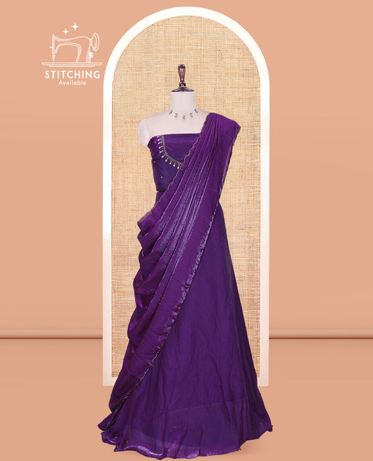 Dark Purple Fendi Organza Half-Saree, Plain Skirt, Matching Embroidered Blouse, Matching Scallop Dhavani