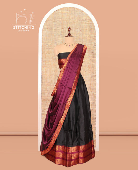 Black Semi-Banarasi Half-Saree Features Plain Skirt, Contrast Floral Creeper Zari Border, Matching Blouse, Contrast Dhavani