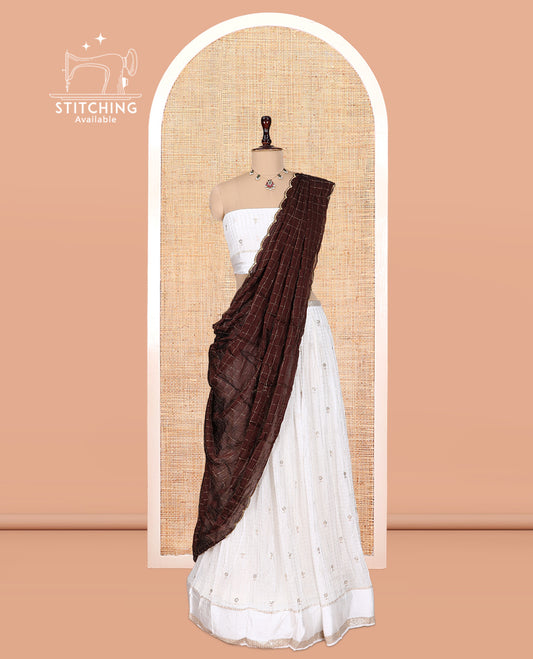 Cream-Brown Viscose Georgette Half-Saree, Buttas Skirt, Matching Blouse, Contrast Checked Dhavani