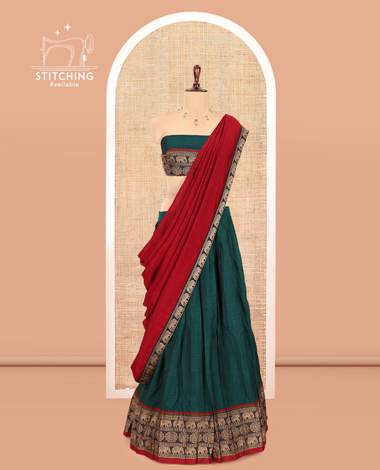 Green Mercerised Cotton Half-Saree, Plain Skirt, an Elephant Motif Border, a Matching Blouse, Contrast Dhavani