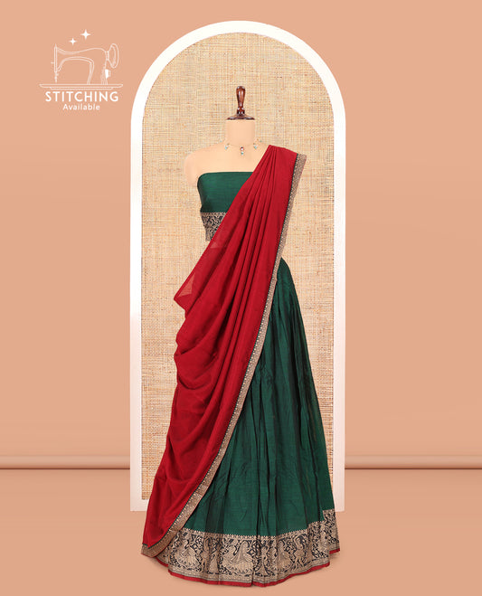 Green Mercerised Cotton Half-Saree Features a Plain Skirt, a Bridegroom Motif Border, a Matching Blouse, a Contrast Dhavani