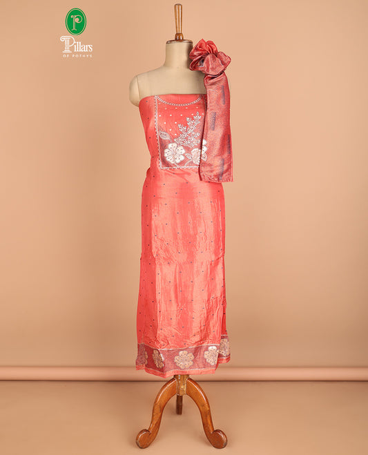 Dark peach chudidhar material chanderi tissue neck weaving thread, floral butta top with satin cotton pants & chanderi tissue zari weaving dupatta