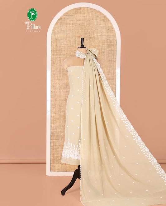 Green Fox Georgette Material Chudidar Set, Majestically Detailed with Floral Embroidery on Its Top, a Plain Santoon Bottom, and Paired with a Floral Embroidered Scallop Dupatta